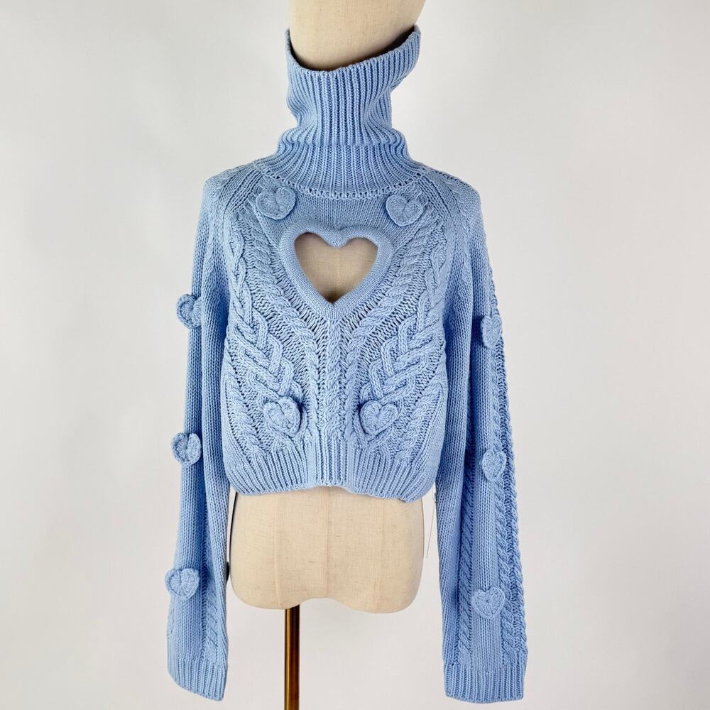 NWT FOR LOVE & LEMONS Rebecca Heart Sweater Size S & M in Blue Knit Turtle Neck - Picture 5 of 11